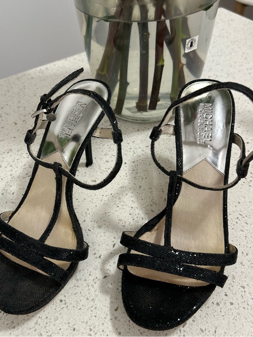 Michael Kors Black Glitter T-Strap Stiletto Sandals